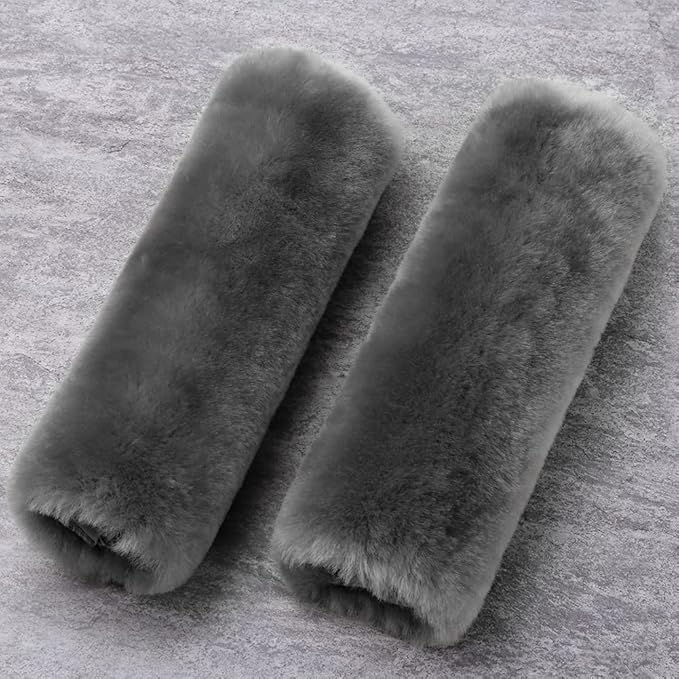 OGLAND Genuine Sheepskin Soft Fuzzy Car Seat Belt Pad,2 Pack Fluffy Seat Belt Cover for Shoulder Pad Neck Cushion Protector Car Accessories (Graphite)