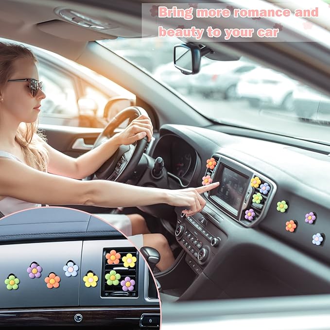 Tallew 12 Pcs Daisy Flower Car Accessories Vent Clip Cute Colorful Flower Car Accessories Air Conditioning Outlet Air Freshener Vent Clip Charm Interior Decor for Women