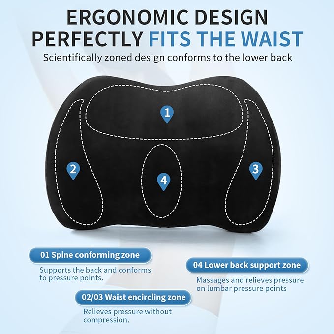 Lumbar Support Pillow for Car, Memory Foam Back Support Lumbar Pillow for Car, Gaming, Office Chair, Ergonomic for Lower Back Pain Relief, Comfortable and Soft Fabric, Black