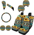 FKELYI Aztec Sunflower Car Seat Covers Full Set - Headrest, Steering Wheel Protector, Handbrake & Gear Shifter Covers, Cup Coasters