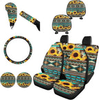 FKELYI Aztec Sunflower Car Seat Covers Full Set - Headrest, Steering Wheel Protector, Handbrake & Gear Shifter Covers, Cup Coasters