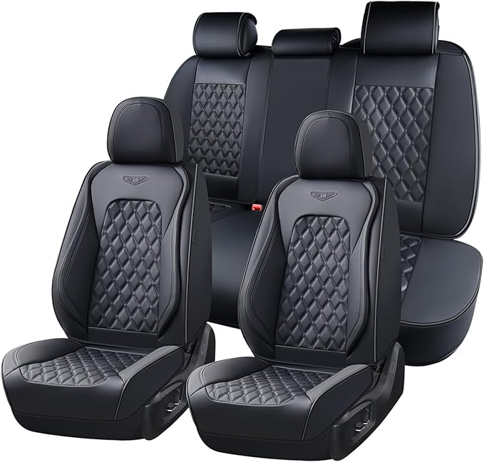 Coverado Full Set Car Seat Covers, Black Leather Seat Protectors, Luxury Front & Back Car Seat Covers,Waterproof Universal Fit, Automotive Seat Covers for Most Cars-Black