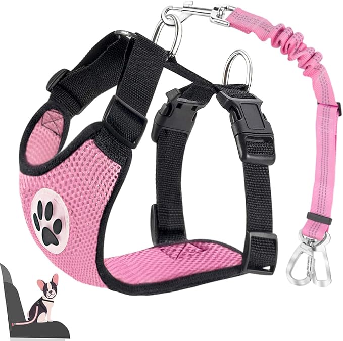 Lukovee Dog Seat Belt for Car, Adjustable Dog Car Harness for Large Medium Small Dogs, Soft Padded & Breathable Mesh Dog Seatbelt with Car Strap and Carabiner (A-Pink,M)