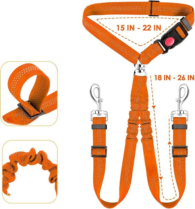 Removable Dog Seat Belt Harness for Car, 3 in 1 Pet Car Seatbelt Leash, Retractable Restraint Secures to Vehicle Headrest & Adjustable Reflective Dog Seatbelt Tether (Orange, Size 2)