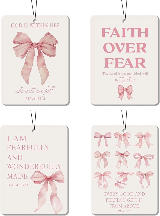 Pink Christian Car Air Freshener 4 Pcs, Girly Pink Bow Religious Hanging Air Freshener for Cars, Closet, Drawer, Books, Cute Christian Car Accessories Mirror Decor Gift for Women