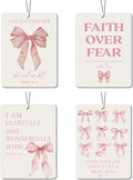 Pink Christian Car Air Freshener 4 Pcs, Girly Pink Bow Religious Hanging Air Freshener for Cars, Closet, Drawer, Books, Cute Christian Car Accessories Mirror Decor Gift for Women