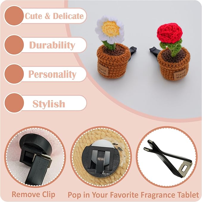 Wonhibo 2 Pack Car Air Freshener Vent Clip, Cute Soft Stuffed Vent Decor Car Accessories for Women (M, Rose/Daisy)