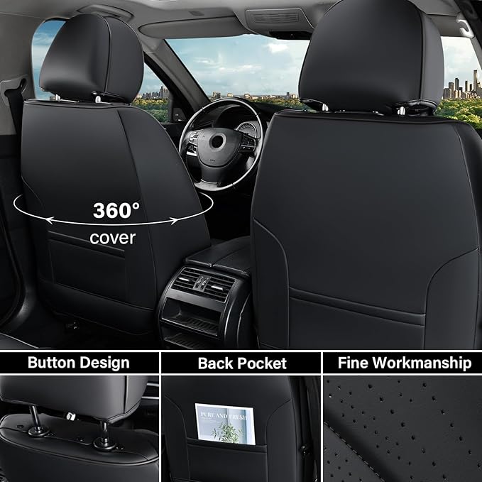 Coverado Car Seat Covers Full Set, Waterproof Nappa Leather Seat Cover for Cars, Luxury Universal Seat Cover, Front and Back Car Seat Protector Car Seat Cushion Fit for Most Cars(Black)