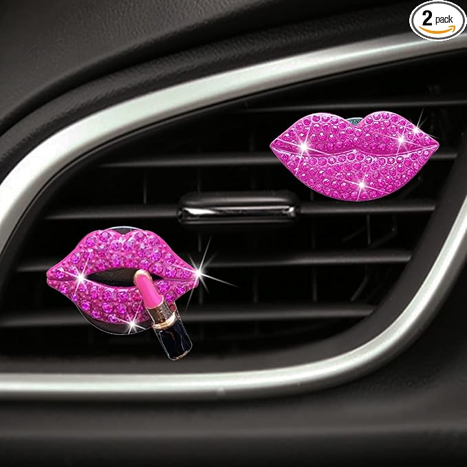 2 Pieces Bling Sexy Lip Air Vent Clips Rhinestone Lipstick Car Air Freshener Clip Crystal Car Air Outlet Decorations Charm Car Inter Decor Accessories for Girls Women