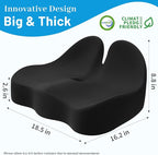 Seat Cushion, Memory Foam Office Chair Cushions, Ergonomic Curved Design for Sciatica, Tailbone, Coccyx, Seat Support for Car, Desk Chair, Wheelchair, Enhances Long Sitting Comfort (Black)