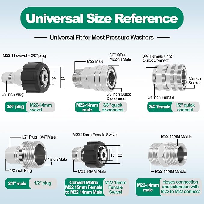 Pressure Washer Adapter Kit, 10PCS Stainless Steel Quick Connect Set, M22-14mm Swivel to 3/8" Plug, M22-15mm Female to M22-14mm Male Adapter, 3/4" Garden Hose Quick Connect Fittings