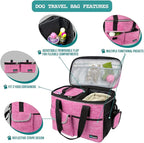PetAmi Dog Travel Bag - Travel Pet Organizer with Food Container and Bowls, Perfect for Weekend Camping or Gifting - Pink, Medium
