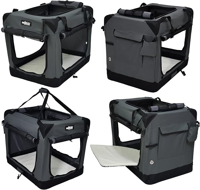 EliteField 4-Door Folding Soft Dog Crate with Curtains, Carrying Bag and Fleece Bed (2 Year Warranty), Indoor & Outdoor Pet Home (24" L x 18" W x 21" H, Gray+4 Door Curtains)