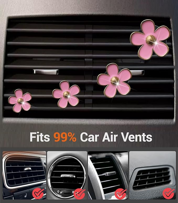 Daisy Flower Car Air Freshener Vent Clips, 4 Pcs Cute Car Accessories for Women Interior, Girly Decor Essentials, Truck Accessories, for Bathroom Office Pet Houses (Pink, 3.1cm 2.9cm 2.2cm 1.6cm)