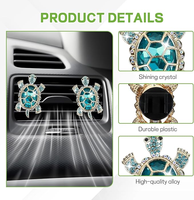 2PCS Sea Turtles Car Air Freshener Vent Clip, Bling Cute Turtle Vent Clips for Cars, Rhinestone Auto Air Conditioning Outlet Clip, Ocean Theme Interior Decor Car Accessories (Blue)