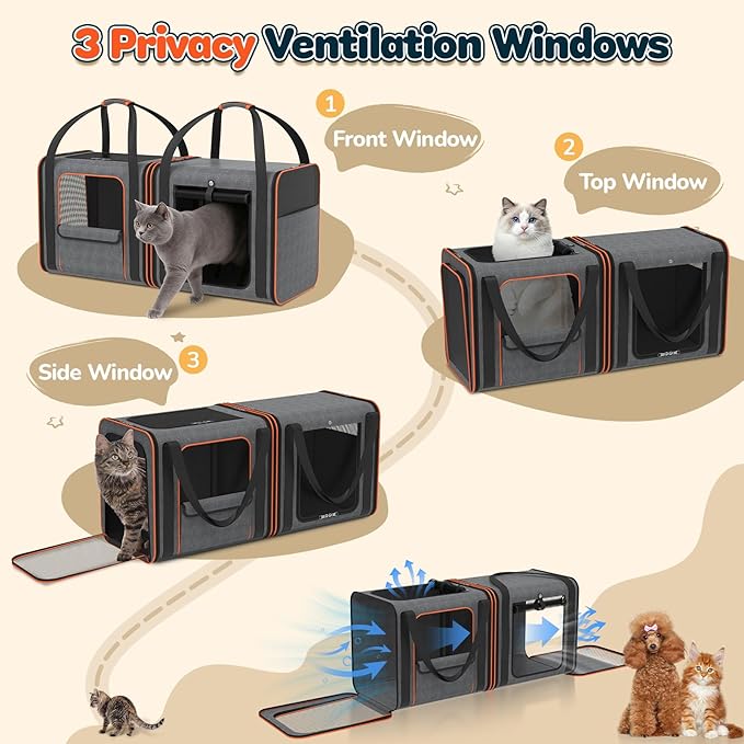 Cat Carrier Bag Large for Travel: 2-in-1 Cat Carrier Soft with Litter Box 34x13x16in Secure The Car Seat for 2 Cats Travelling Design Long Trips Ride