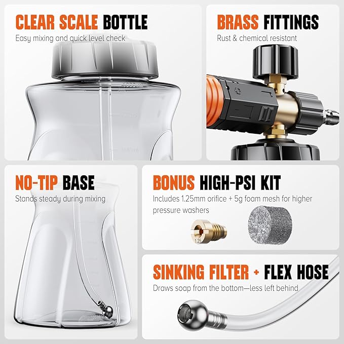 Foam Cannon for Pressure Washer, Foam Blaster with 1/4 Inch Quick Connector 1L Bottle Adjustable Snow Foam Lance and Thick Foam for Safe Washing Car/Motorcycles