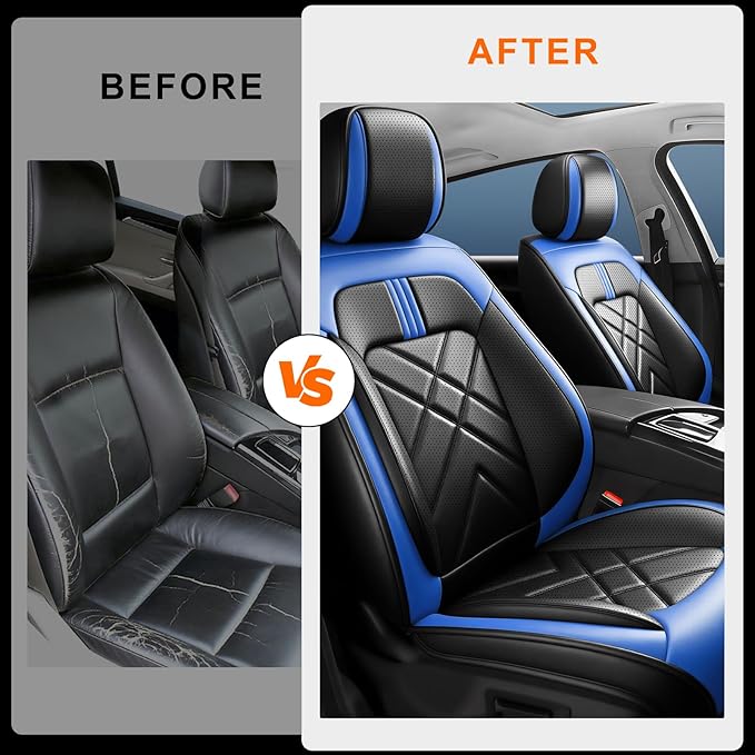 Car Seat Covers Compatible with Mazda 6 2007-2021, Full Coverage Premium Leather Waterproof Breathable Seat Covers, Automotive Seat Protectors, Airbag Compatible(2 Front Seats, Black-Blue)