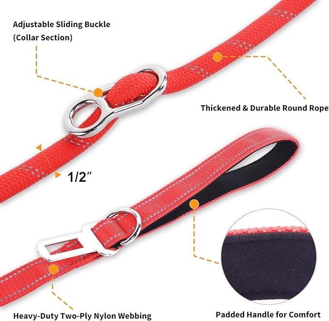 6FT Heavy Duty Dog Leash for Small Medium Large Dogs, Tangle Free Reflective Dog Training Leash with Double Handle, Seat Belt Buckle & Poop Bag Holder (Red)