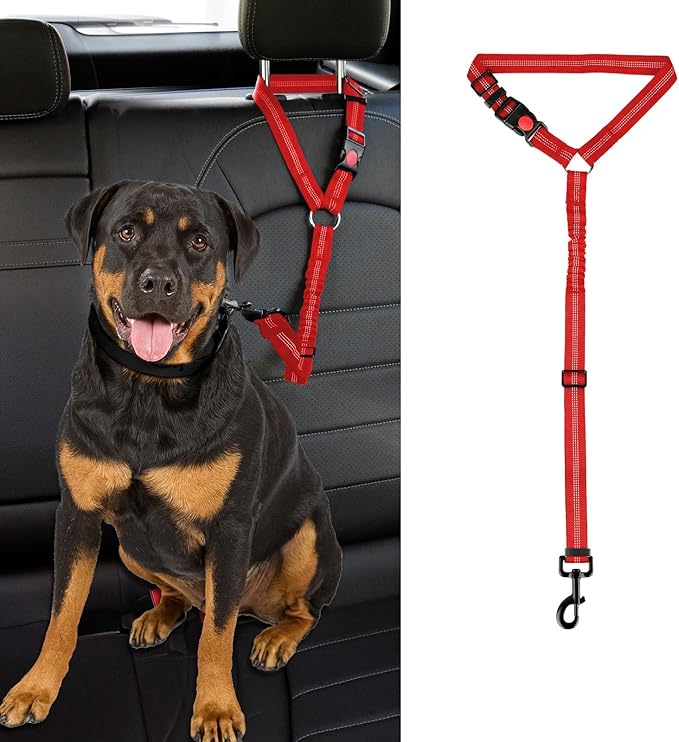 Dog Cat Safety Seat Belt Strap Car Headrest Restraint Adjustable Nylon Fabric Dog Restraints Vehicle Seatbelts Harness (Red, Elastic Bungee-1pcs)