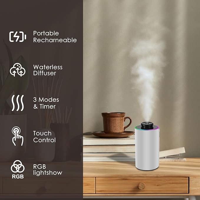 Waterless Essential Oil Diffuser with 8 Color LED Night Light, 3 Mist Levels & Timers, Portable Rechargeable Aromatherapy Diffuser for Home Car Room Studio Office, Black Metal (Silver)