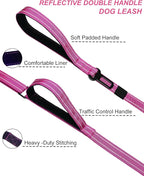 AUBELL Double Handle Tactical Dog Leash Heavy Duty for Small and Medium Large Dogs,Reflective Adjustable Nylon Leash that Pull with Car Seatbelt for Training,4.5-6FT,Pink