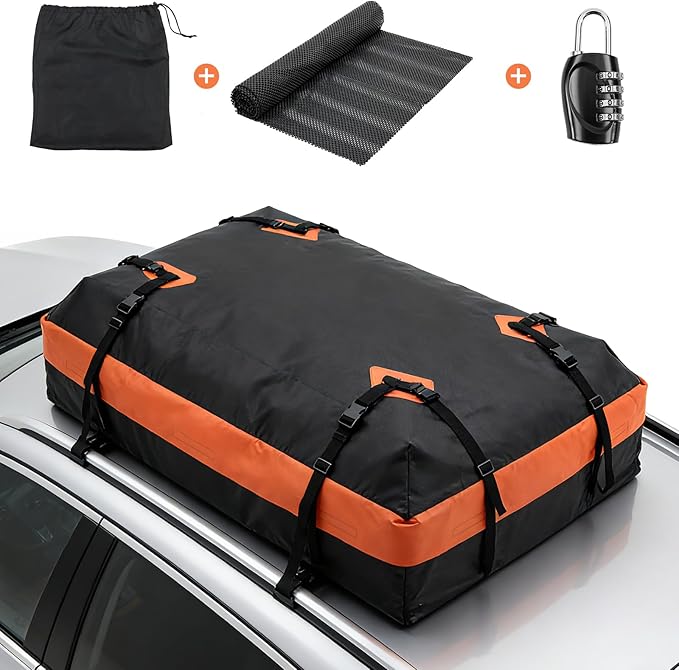 NEWBULIG Car Rooftop Cargo Carrier Bag, 15.1 Cubic Feet Duty Waterproof Bag for All Vehicles with/Without Racks. Includes Anti-Slip Mat, Reinforced Straps, 6 Door Hooks, Storage Bag & Luggage Lock.