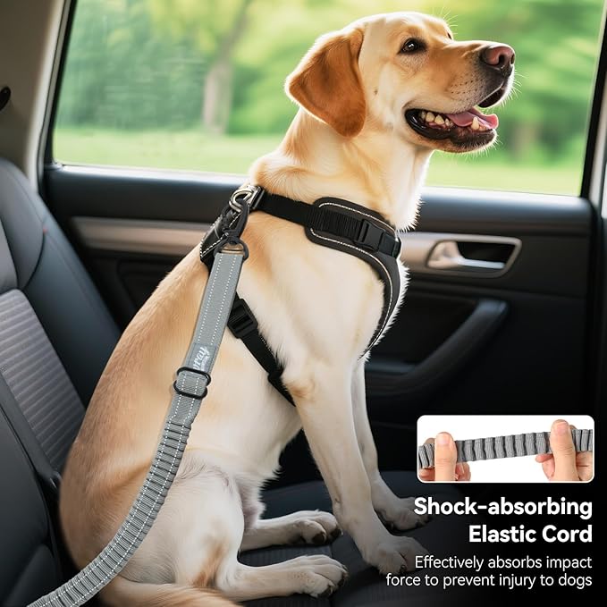 2Pcs Dog Seat Belt, Dog Car Seat Belt Bungee, Car Harness for Pet with Buckle & Hook Latch, Safety Leash Vehicle, Adjustable Reflective Pet Vehicle Tether, 360° Swivel Lock Clasp, Gray & Black