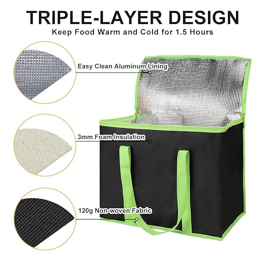 CIVJET 2-Pack Insulated Reusable Grocery Bags, X-Large Insulated Food Delivery Bag for Delivery Drivers, Commercial Food Warmer for Shopping, Tote Cooler Bags, Black with Green Edge