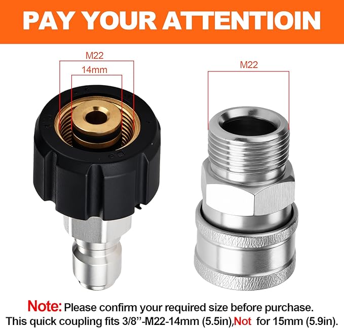 2 PCS Pressure Washer Quick Connect Adapter Set, M22 14mm(5.5in) Swivel to 3/8in Quick Connect Socket & Plug, Max Pressure 5000PSI