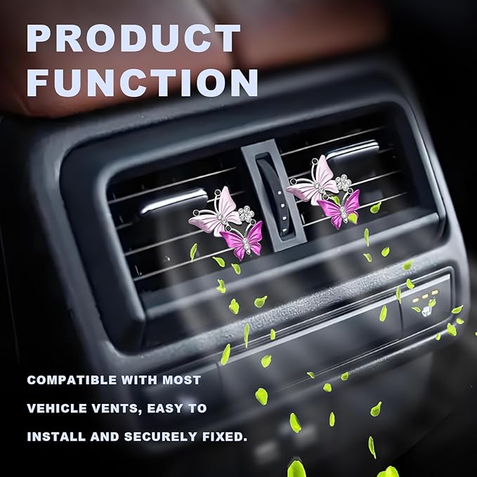 Car Shiny Dual Butterfly Air Outlet Clips, Crystal Air Fresheners Vent Clips, Car Diffuser Vent Clip Rhinestone Diamond Interior Decor, Car Decoration, Bling Car Accessories (2 Pcs Pink)