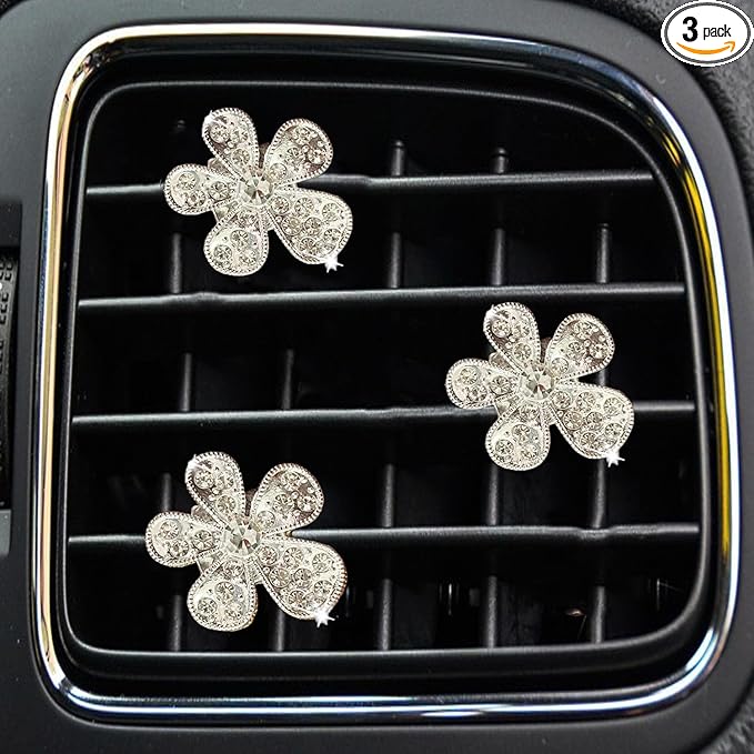 Daisy Air Vent Clips, 3 Pcs Cute Flower Crystal Rhinestone Car Air Conditioning Outlet Clip Vehicle Air Freshener Clip Charm Car Inter Decor Accessories for Women (Silver, 1.6inch)