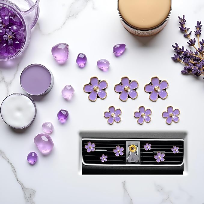 6 Pcs Daisy Air Vent Clips, Cute Flower Air Conditioning Outlet Clip Car Air Fresheners Vent Clips Car Interior Decor Charm Decoration Cute Accessories for Women Girls + Mask Hook(Purple)