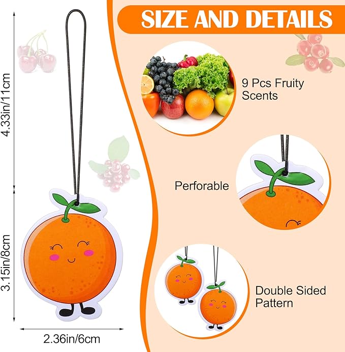 36 Pack Car Air Freshener, 9 Different Fruit Flavored Hanging Air Fresheners, Cute Fruit Shape, Lemon, Banana, Strawberry, Green Apple, Cherry, Orange, Watermelon, Pear, Pineapple