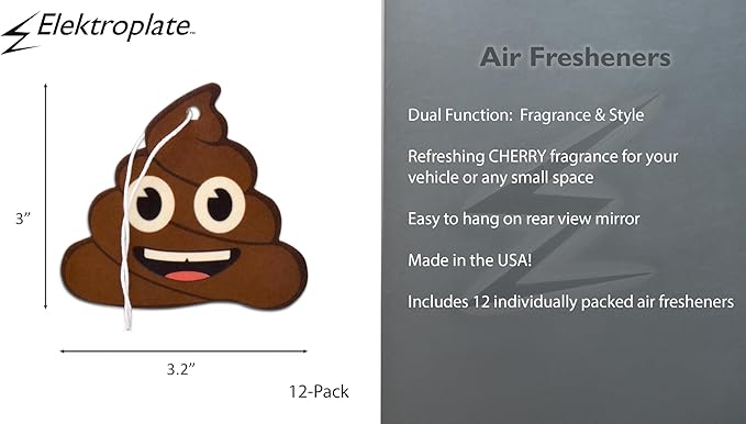 Elektroplate Poop Smiley Face Automotive Air Fresheners for Vehicles | Cherry Scent (12-Pack) | Made in the USA