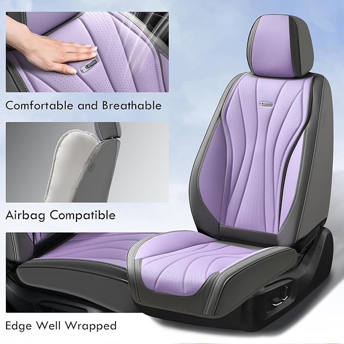 Coverado Seat Covers Full Set, Leather Car Seat Covers, Waterproof Seat Covers for Cars, Front and Back Car Seat Protectors, Car Seat Cushions Universal Fit for Most Cars (Gray&Purple)