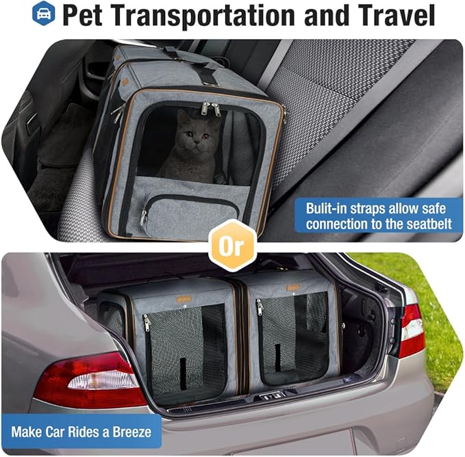 Lekereise Large Cat Carrier for 2 Cats, 2-in-1 Cat Travel Carrier with Litter Box, (17.7" x2) x16.5"x13" Pet Carrier with Zipper Locks for Moving Across The Country (No Hammock) - Grey
