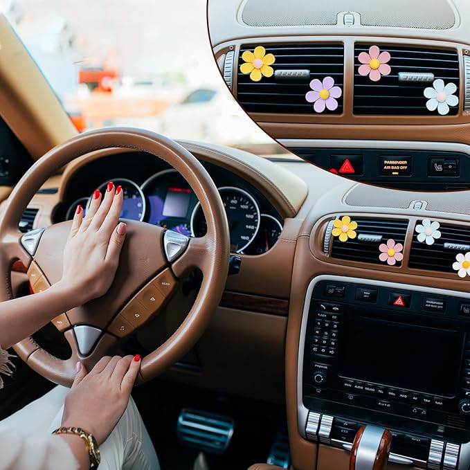 Whaline 6Pcs Daisy Flower Car Air Vent Clips with Fragrance Pads Colorful Floral Car Air Freshener Air Conditioning Outlet Clip Cute Cars Accessories Car Interior Decor