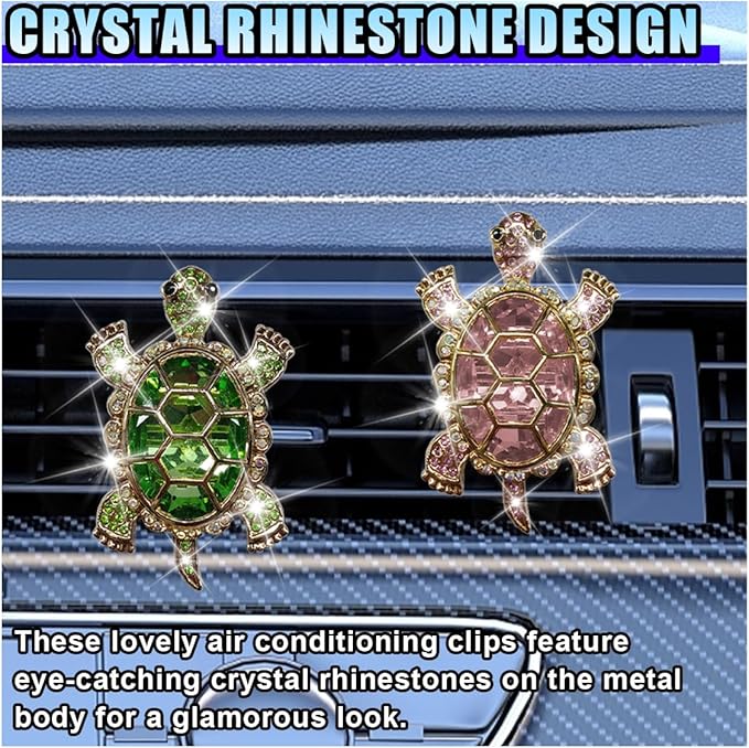 2PCS Bling Tortoise Car Air Vent Clips, Crystal Rhinestone Auto Air Conditioning Outlet Clip, Cute Turtle Car Vent Decorative Clip, Auto Interior Decoration Charm for Women (Tortoise)