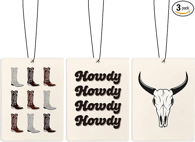 Boho Western Howdy Car Air Freshener, Preppy Black Cowgirl Boots Bull Skull Air Freshener Hanging 3 Pcs for Cars Closet Drawer or Books, Cute Western Car Accessories Mirror Decor for Women Men