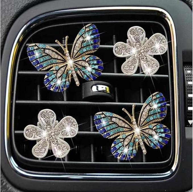 Bling Butterfly Air Vent Clips,4Pcs Blue Crystal Daisy Car Air Fresheners Vent Clips Car Diffuser Vent Clip Rhinestone Diamond Flower Decoration Bling Cars Accessories for Women ，Interior Accessories