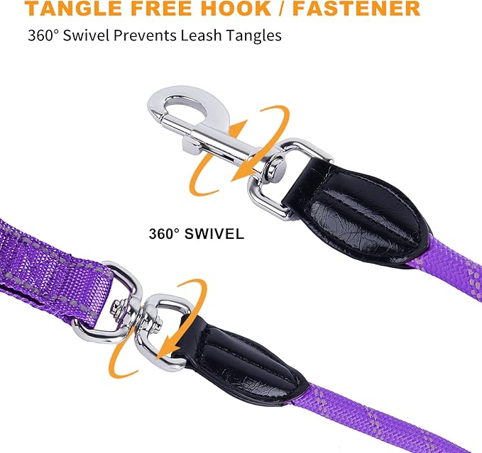 6FT Heavy Duty Dog Leash for Small Medium Large Dogs, Tangle Free Reflective Dog Training Leash with Double Handle, Seat Belt Buckle & Poop Bag Holder (Purple)