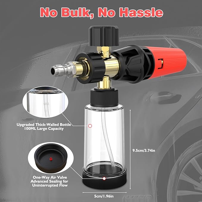 Foam Cannon Pro, Foam Cannon for Pressure Washer with 1/4" Quick Connector, Mini Soap Cannon with Adjustable Nozzle for car wash, Additional 1.1mm Orifice Nozzle (Black - Red)