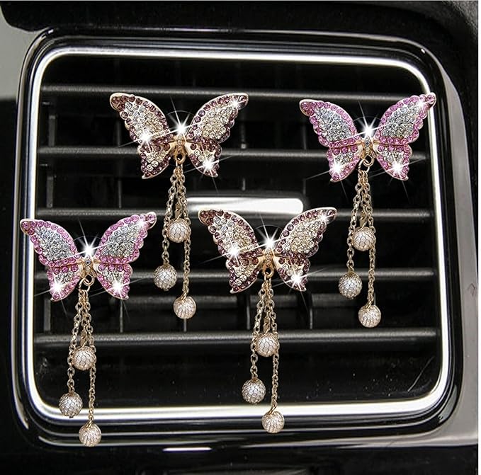 4Pcs Bling Butterfly Car Aromatherapy Air Vent Clips,Diamond Pearl Pendant Butterfly Air Fresheners Vent Clips Cars Decoration Cars Interior Decor Bling Car Accessories for Women, Interior Accessories