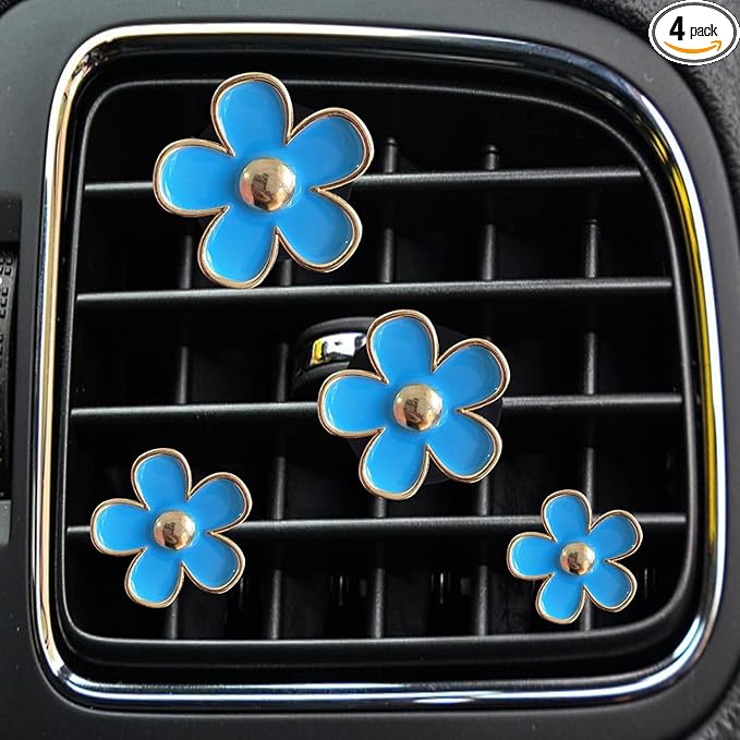 4PCS Daisy Flower Air Vent Clip Air Conditioning Outlet Clip Car Air Freshener Clip Car Interior Decor Charm Colorful Car Interior Accessories for Girls Women (Blue)
