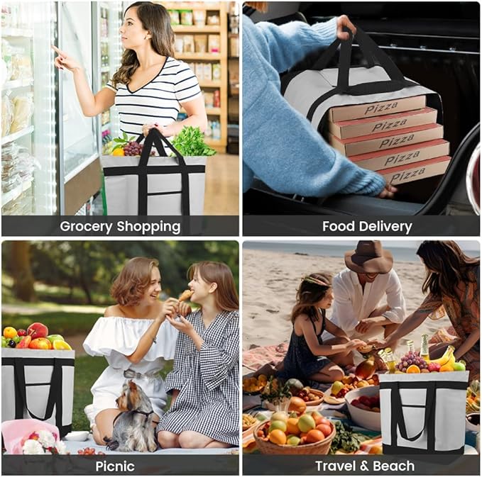 mosago 2PK Insulated Grocery Tote Bags, Large 39L Reusable Cooler Bags with Zipper, Leak-Resistant Thermal Shopping Bag for Food Delivery, Beach, Travel, Picnic & Camping, Collapsible