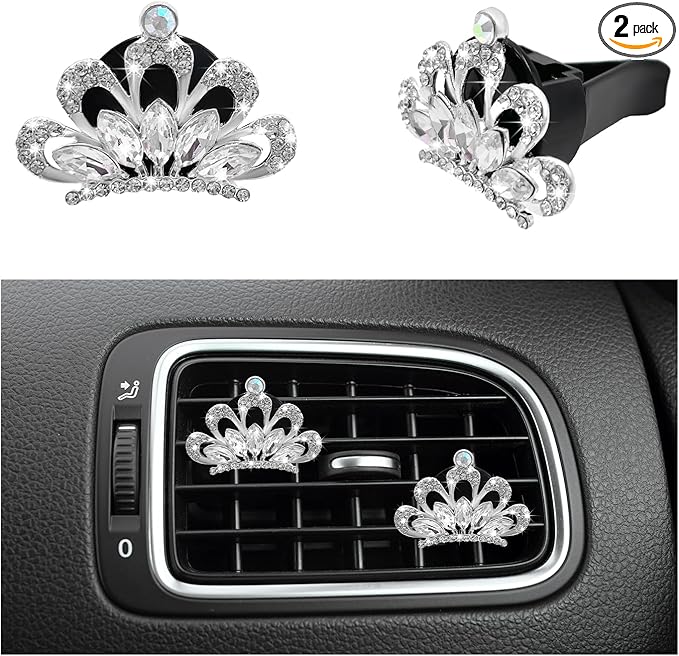2 PCS Bling Car Air Vent Clips, Crystal Rhinestone Crown Vent Decorative Air Freshener Clips, Sparkly Diamond A/C Outlet Aroma Diffuser Clip for Vehicles, Car Accessories (White)