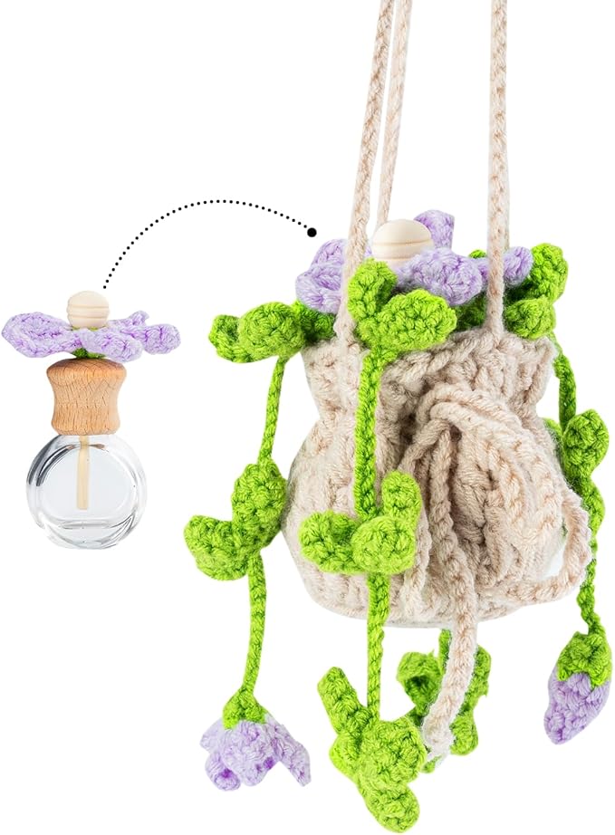 Crochet Plant Car Air Freshener, Cute Car Rearview Mirror Decor Hanging Ornament, Purple Flowers Knitted Handmade Auto Interior Accessories for Women (Purple Flowers)