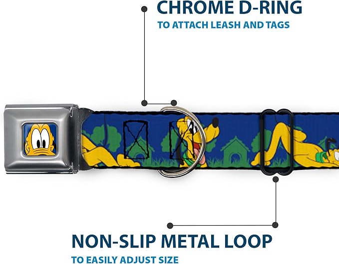 Buckle-Down Dog Collar Seatbelt Buckle Pluto 4 Poses Landscape Blue Green, Multi Color, 1.5"" Wide - fits 18-32"" Neck - Large (DC-SB-DYMA-WDY374-1.5-L)