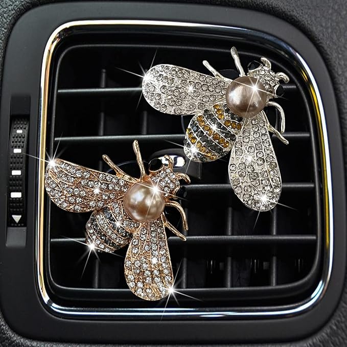 Shiny Bee Car Air Freshener Dashboard Outlet Vent Clips，Pearl Diamond Bee Car Perfume Car Air Conditioner Air Outlet Decoration Aromatherapy Clip，Bling Bee Charms Rhinestone Auto Interior Decorations Accessory
